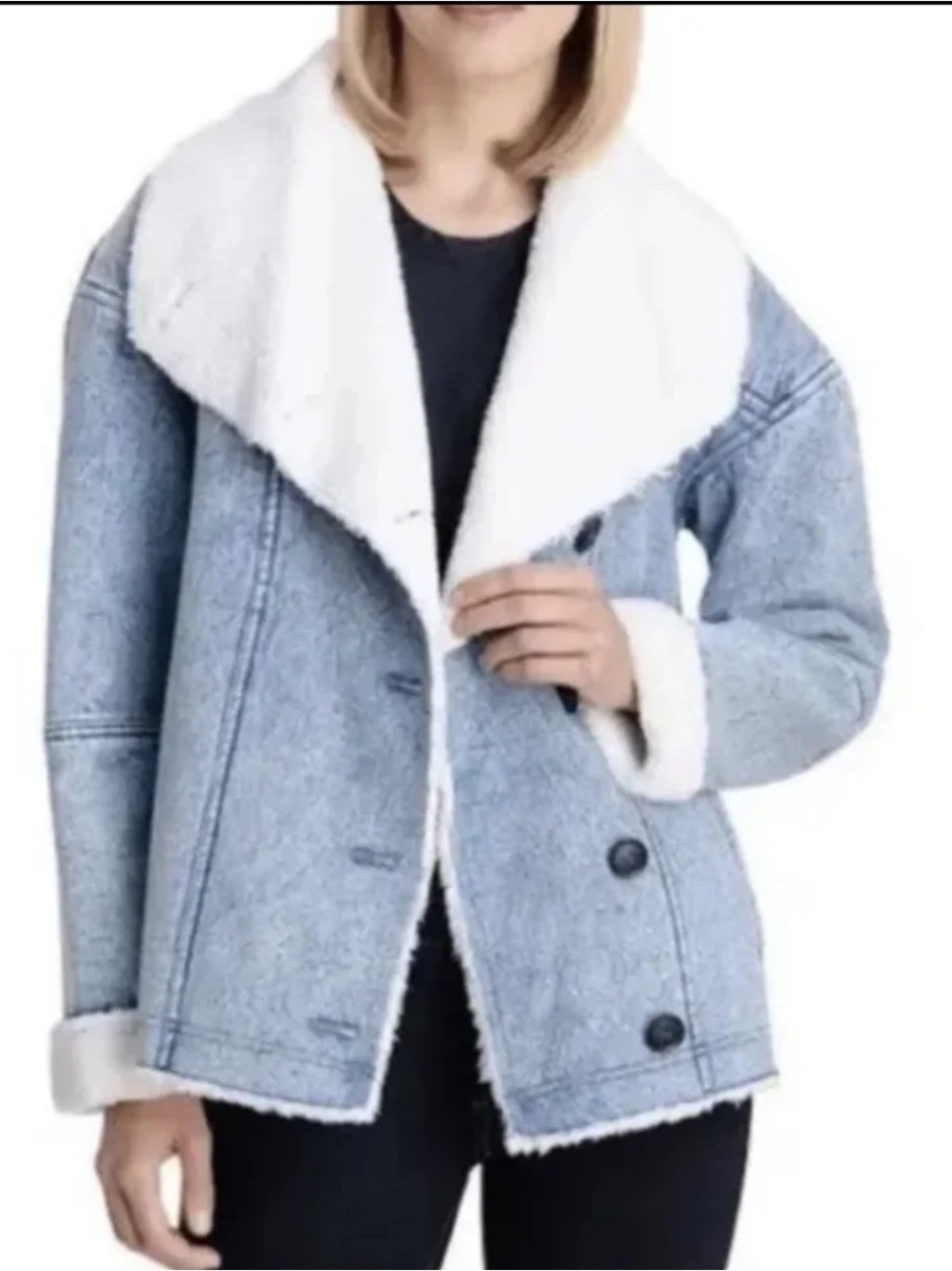 Lucky Brand Light Blue Sherpa-Trim Jean Jacket large